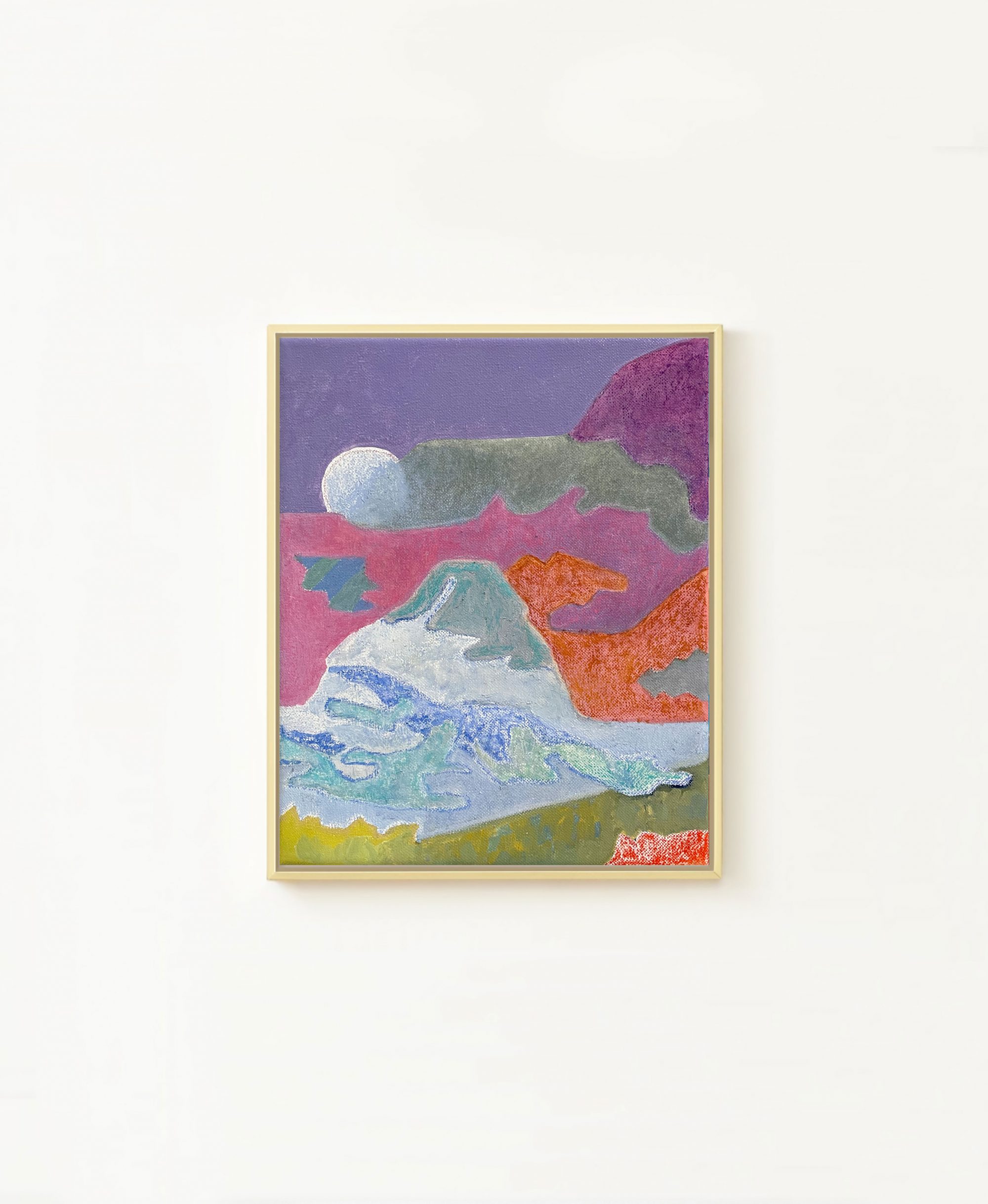 Dichter Nebel, Mond auf dem Gipfel, abendliche Berglandschaft. Gemälde, Öl auf Leinwand, Größe: 22 B x 27,2 H x 1,8 T cm / Dense fog, moon on summit, evening mountain landscape. Painting, Oil on Canvas, Size: 22 W x 27.2 H x 1.8 D cm