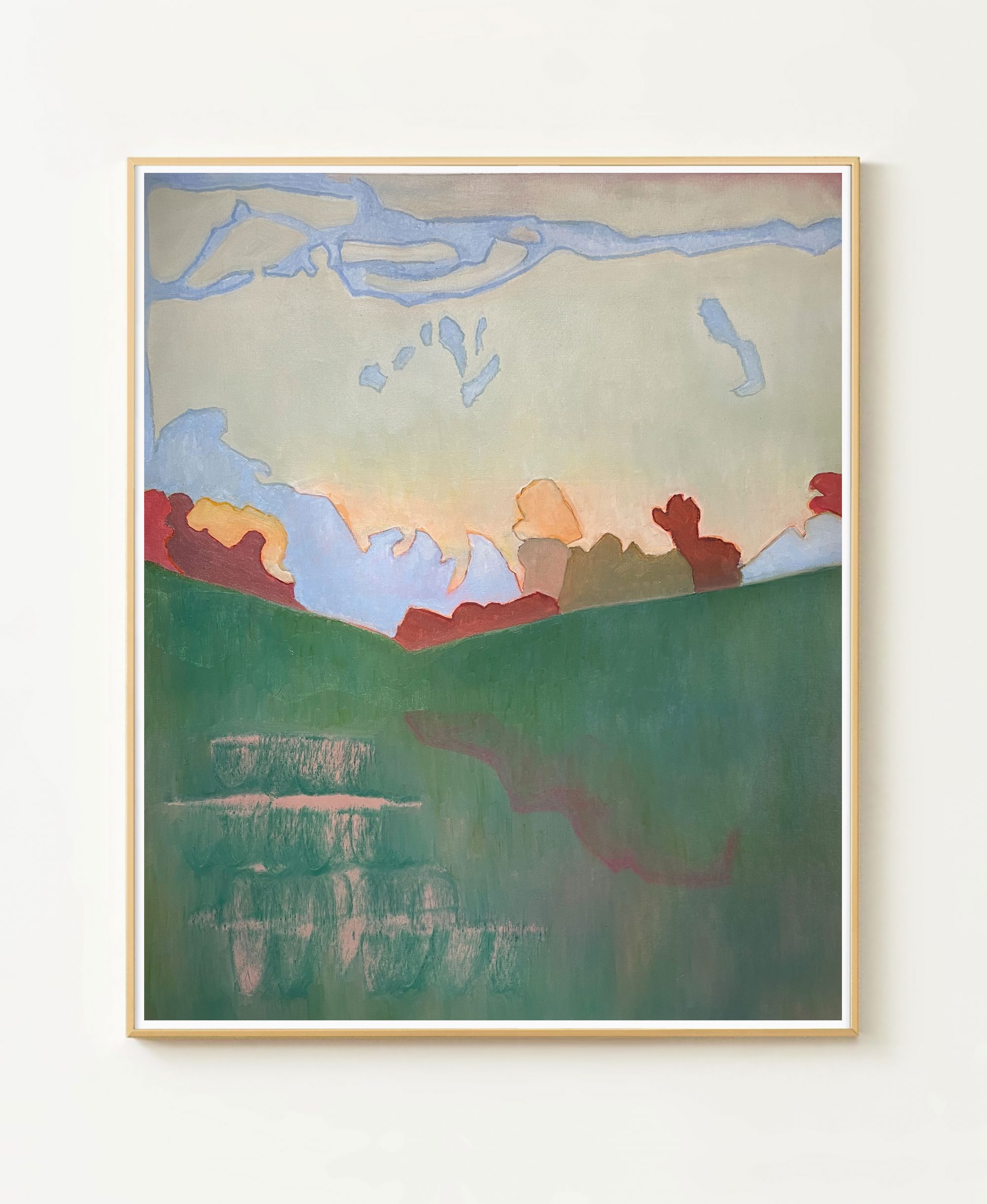 Sonnenuntergangsharmonie. Eine Landschaft im Abendlicht am Horizont. Gemälde, Öl auf Papier, Größe: 50 B x 60 H x 0,1 T cm / Sunset harmony. A landscape in the evening light on the horizon. Painting, Oil on Paper, Size: 50 W x 60 H x 0.1 D cm